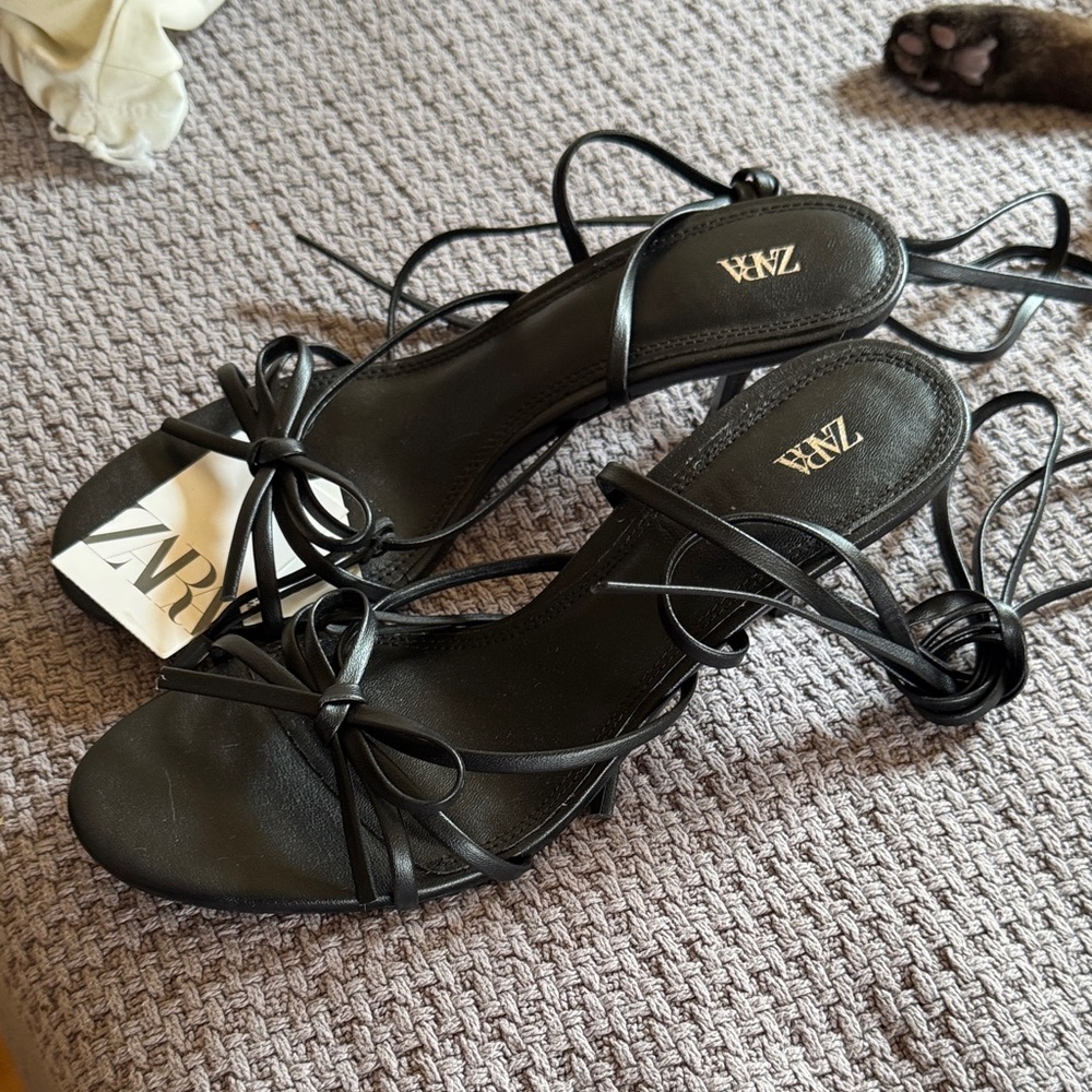 Zara Elegant Black Women's kitten heel lace up Sandals